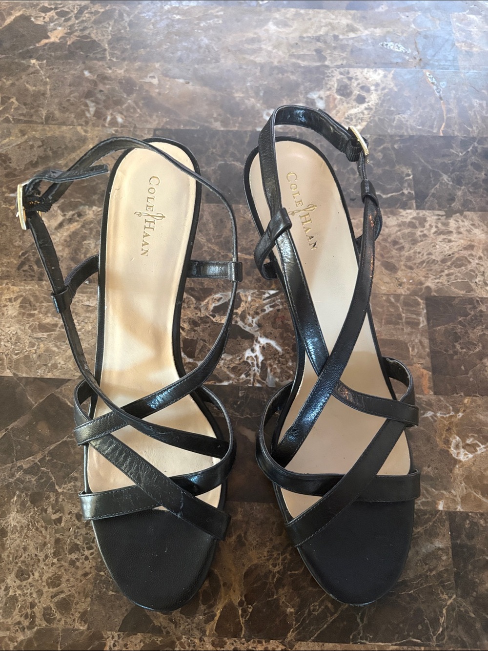 Cole Haan Black Leather Strappy Slingback Heels 9 1/2B sz